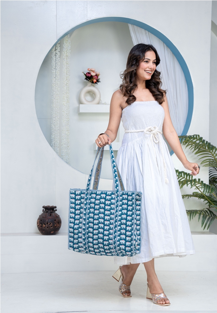 Women Sky Blue Quilted Cotton Printed Oversized Tote Bag