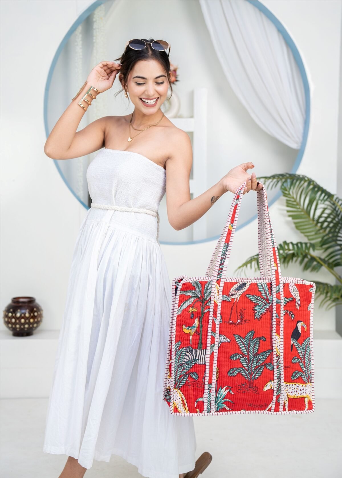 Women Red Quilted Cotton Printed Oversized Tote Bag
