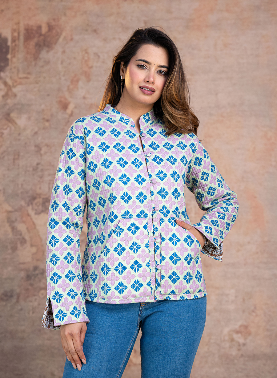 Warvi Women Floral Printed Reversible Full Sleeve Quilted Cotton Jacket
