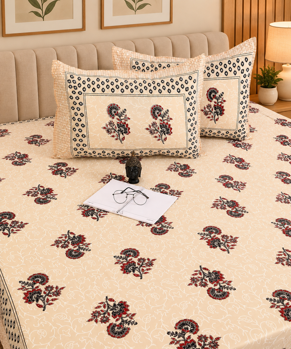Elegant Floral Printed King Size Cotton Bedsheet Set