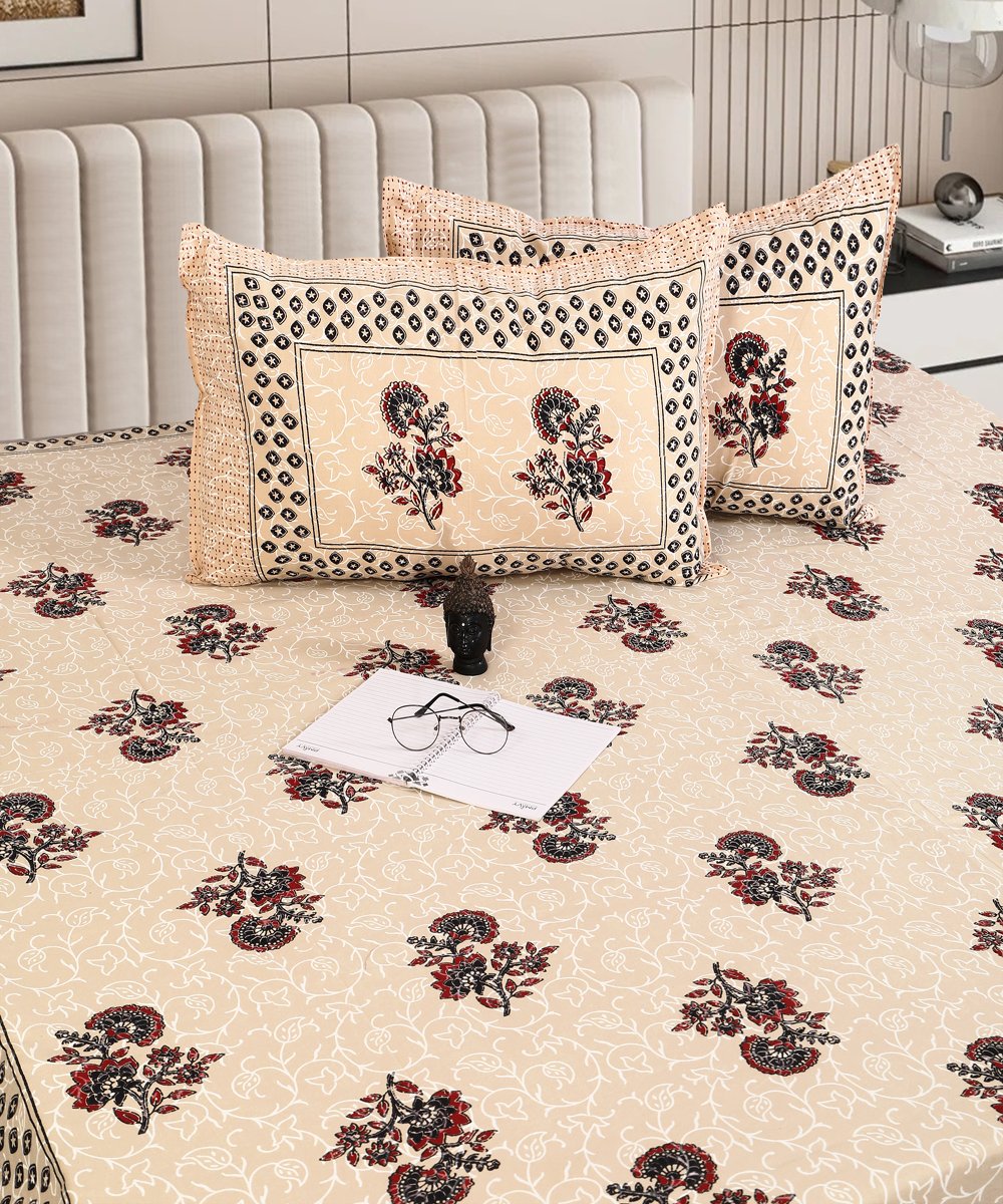 Elegant Floral Printed King Size Cotton Bedsheet Set
