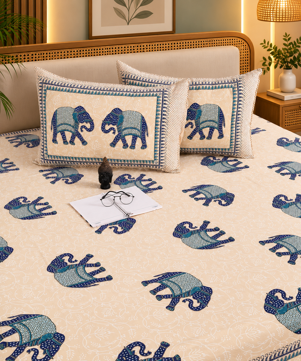 Elegant Elephant Printed Cotton King Size Bedsheet With 2 Pillow Covers