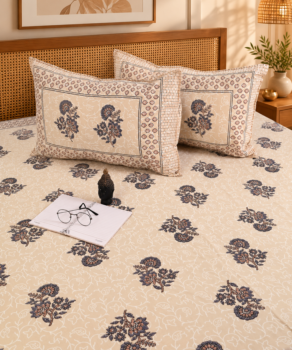 WL26BDS009 Elegant Floral Printed Cotton King Size Bedsheet With 2 Pillow Covers - Image 1