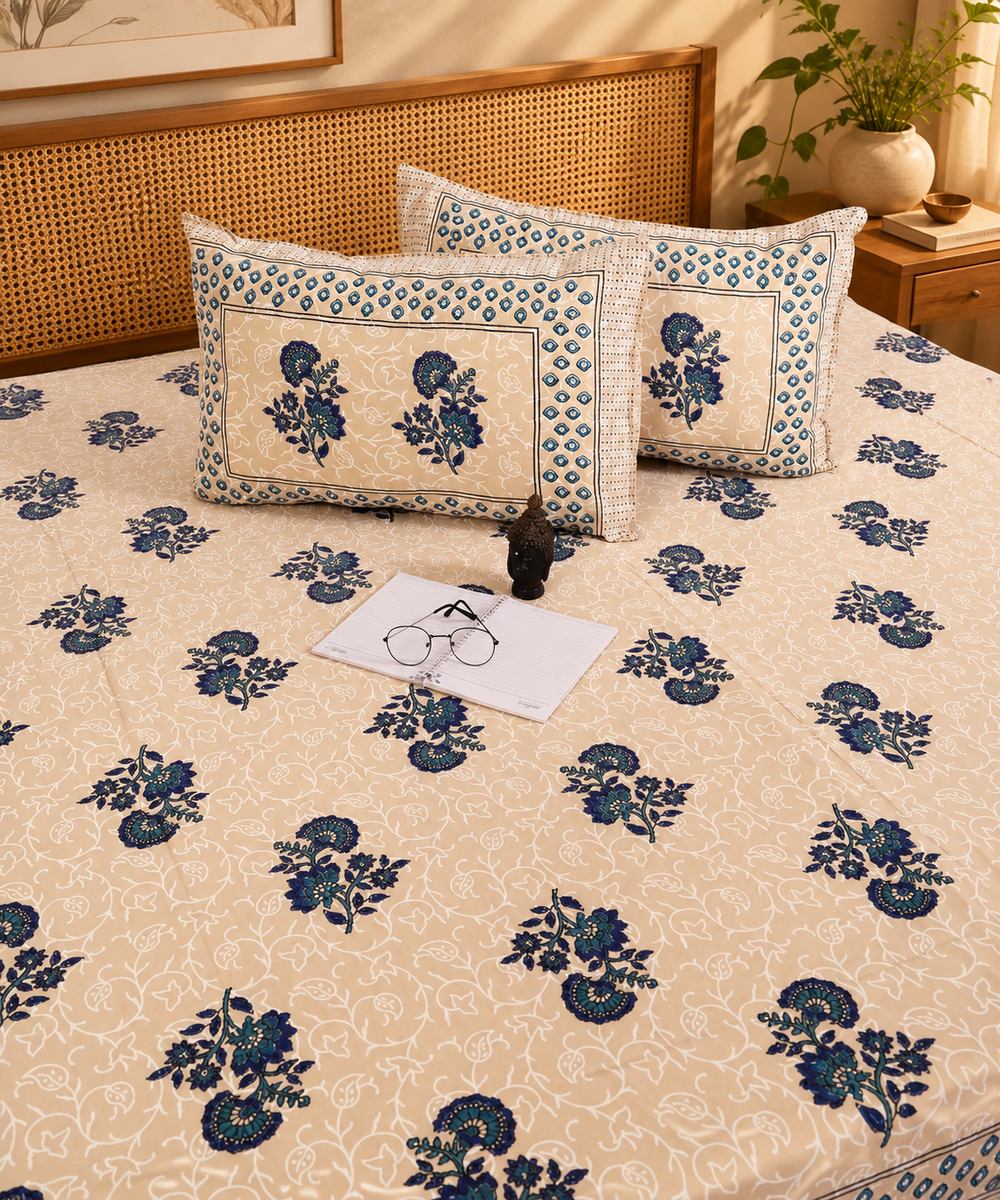 Elegant Floral Printed Cotton King Size Bedsheet With 2 Pillow Covers