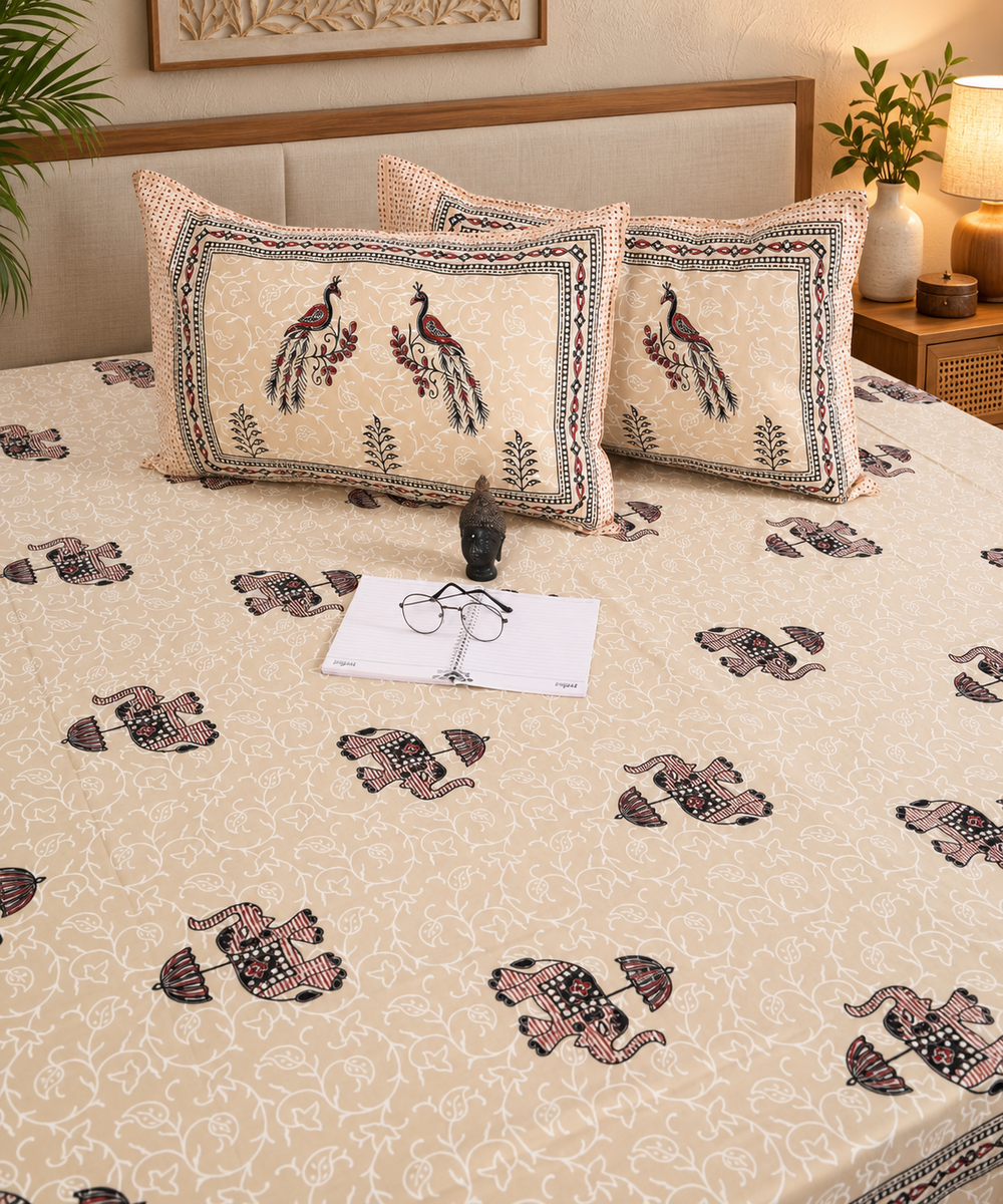 Elegant Floral & Bird Print Cotton King Size Bedsheet with 2 Pillow Covers