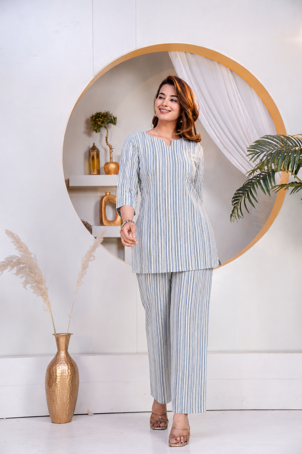 Women's Blue & White Striped Co-Ord Set