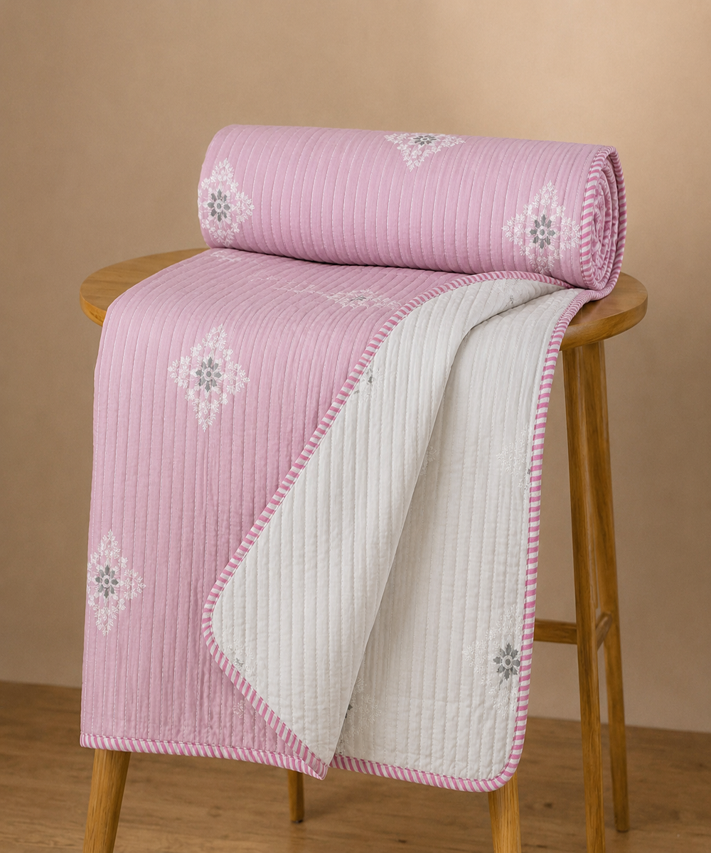 Lavender Pink Floral Printed Reversible And Quilted Single Bed AC Dohar
