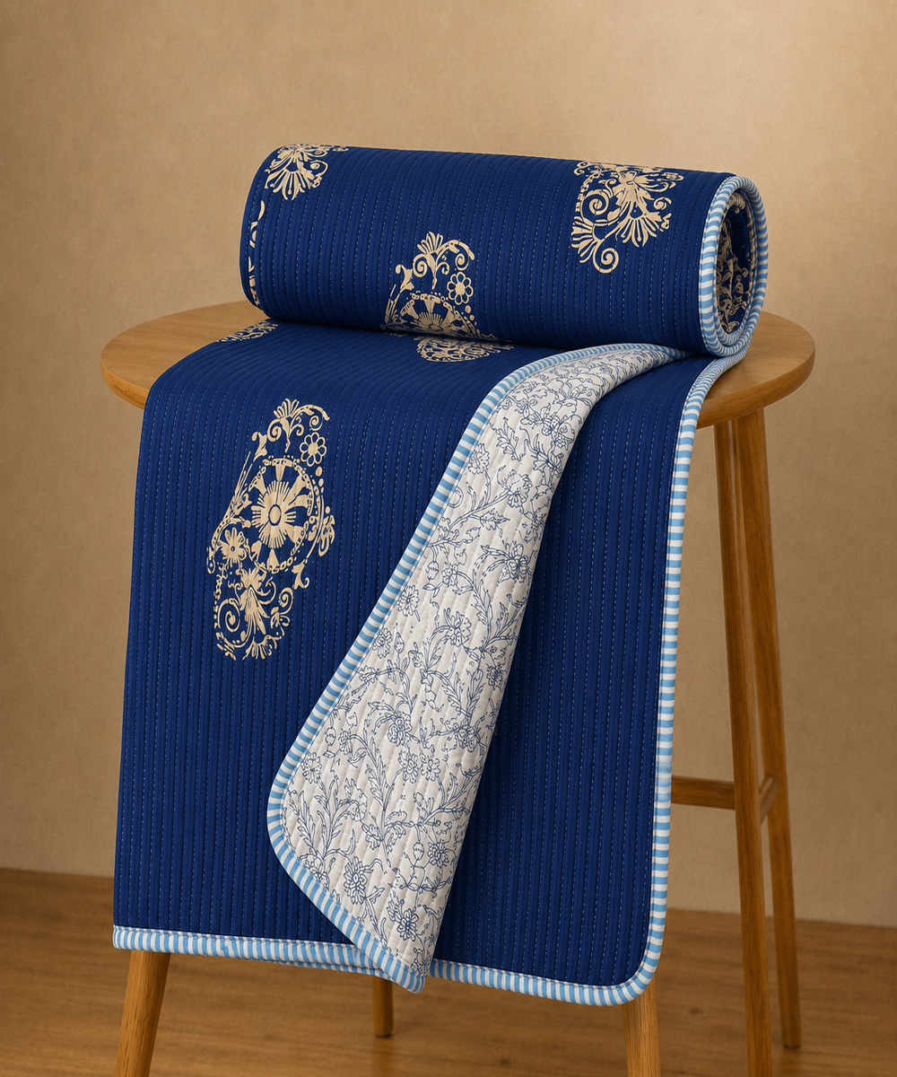 Navy Blue Floral Printed Reversible And Quilted Single Bed AC Dohar