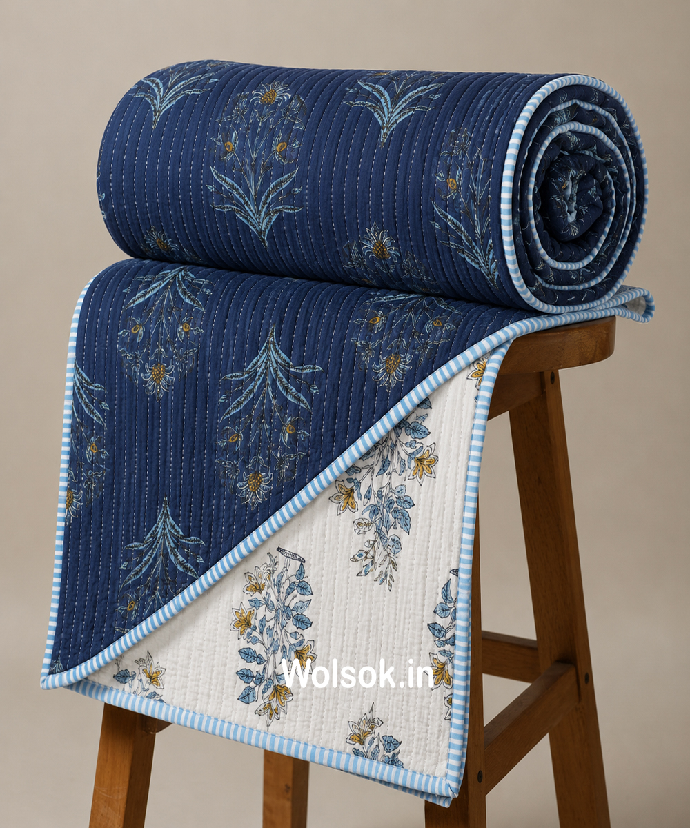 Blue Floral Printed Reversible And Quilted Single Bed AC Dohar