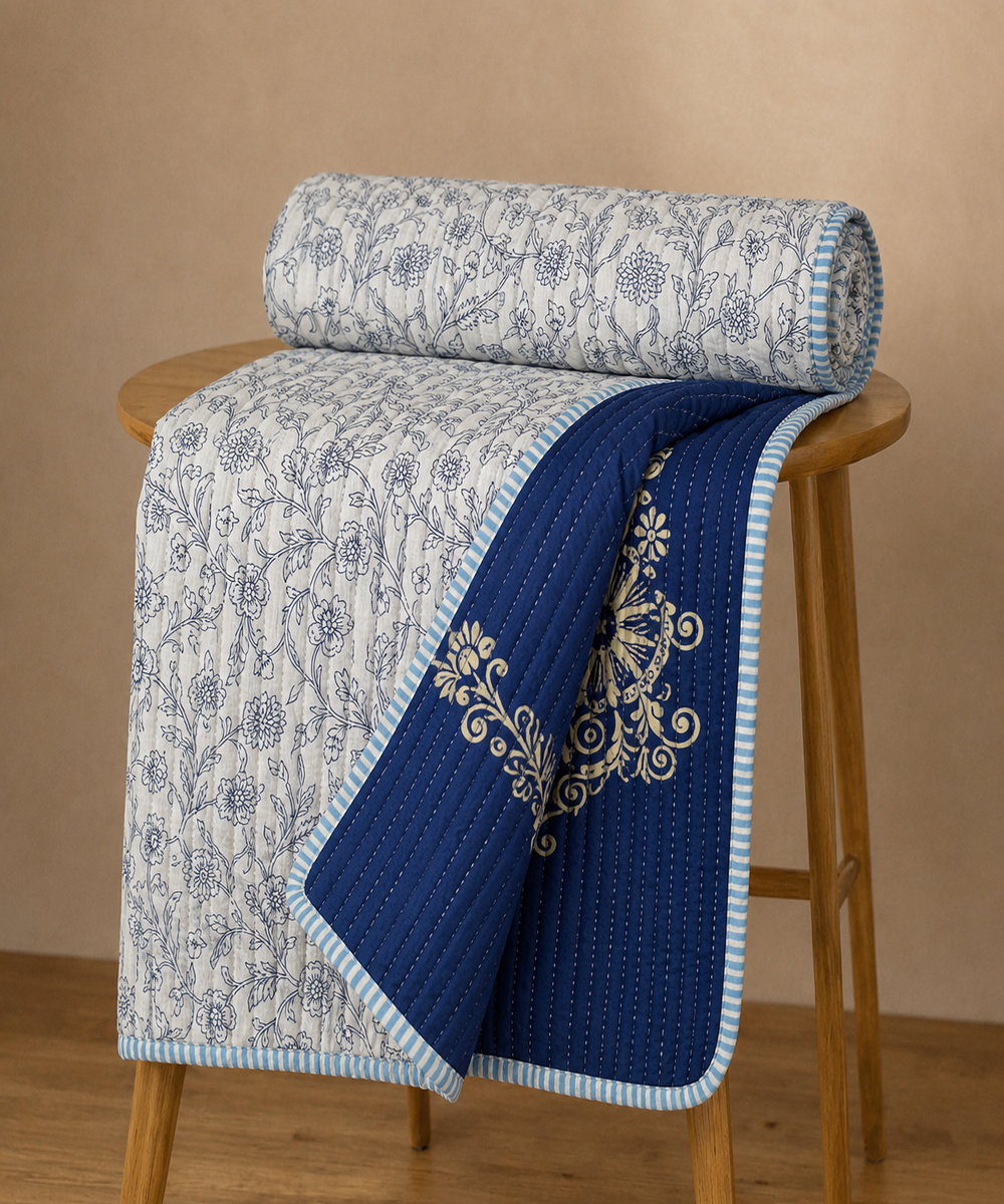 White & Blue Floral Printed Reversible And Quilted Single Bed AC Dohar