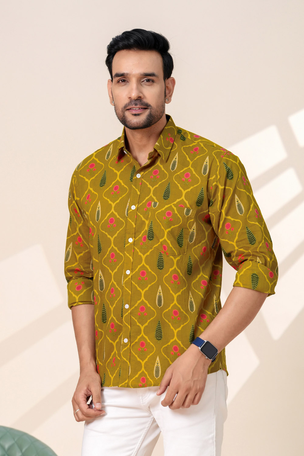 Men's Mustard Printed Cotton Casual Shirt