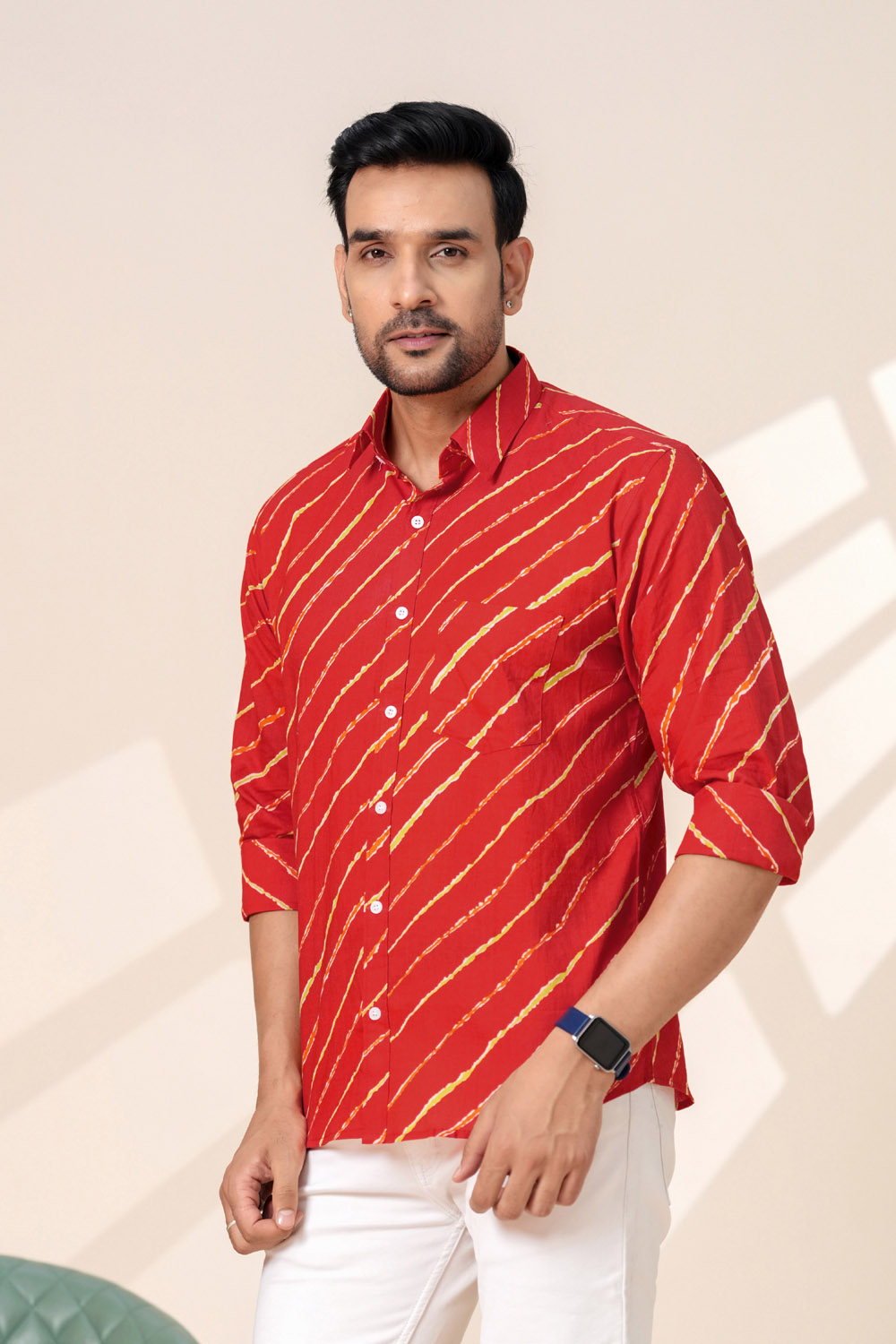 Men's Red Leheriya Print Cotton Casual Shirt