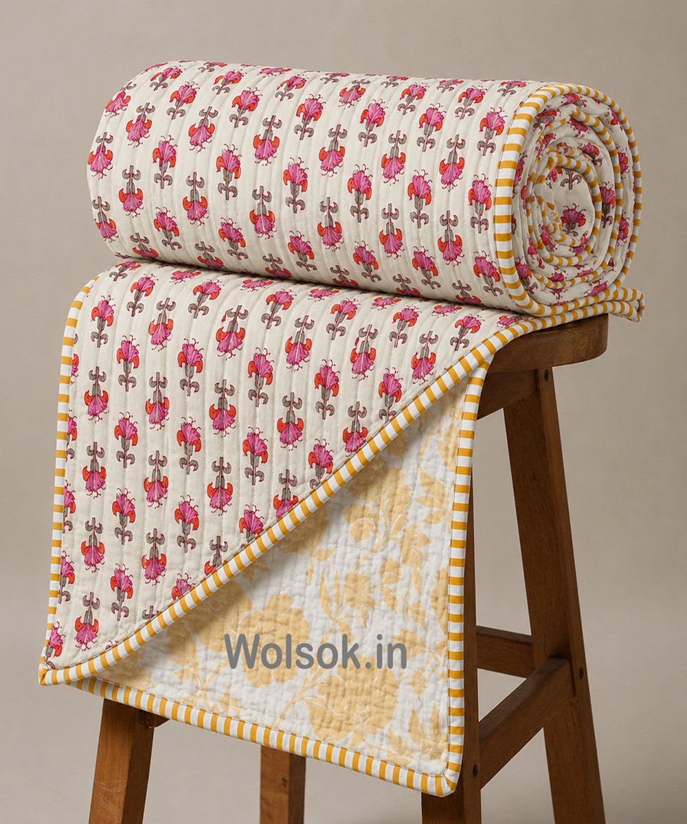 Yellow & Pink Floral Printed Reversible And Quilted Single Bed AC Dohar
