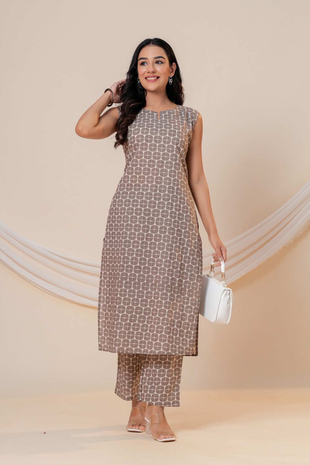Women's Brown Geometric Printed Straight Kurta with Pant