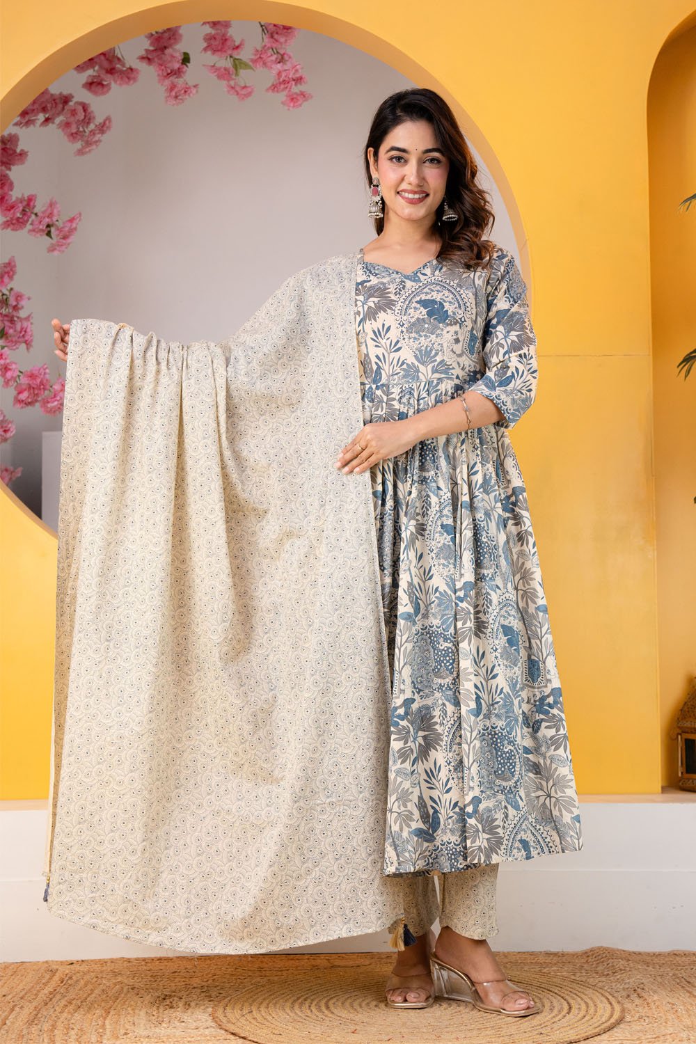 Women's Cotton Handwork Anarkali Kurta, Pant and Dupatta Set