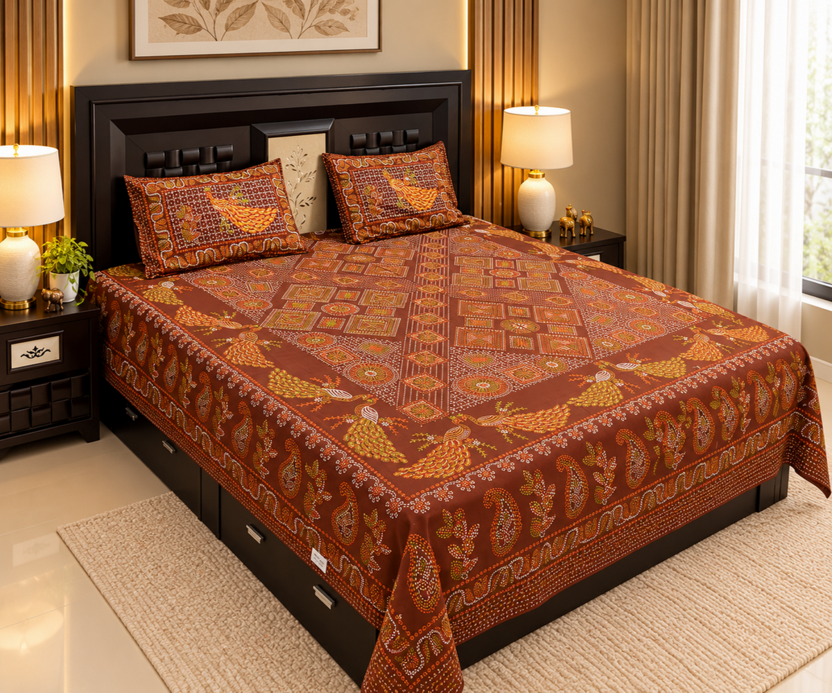 WL26BDS055 Peacock Printed King Size 100% Cotton Bedsheet - Image 1