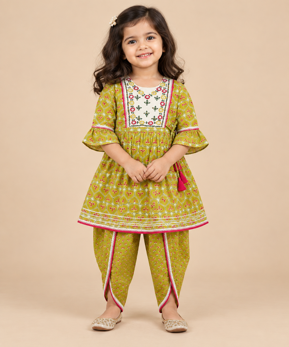 WL26KG008 Mehendi Green Floral Embroidered Flared Kurta-Dhoti Set - Image 1