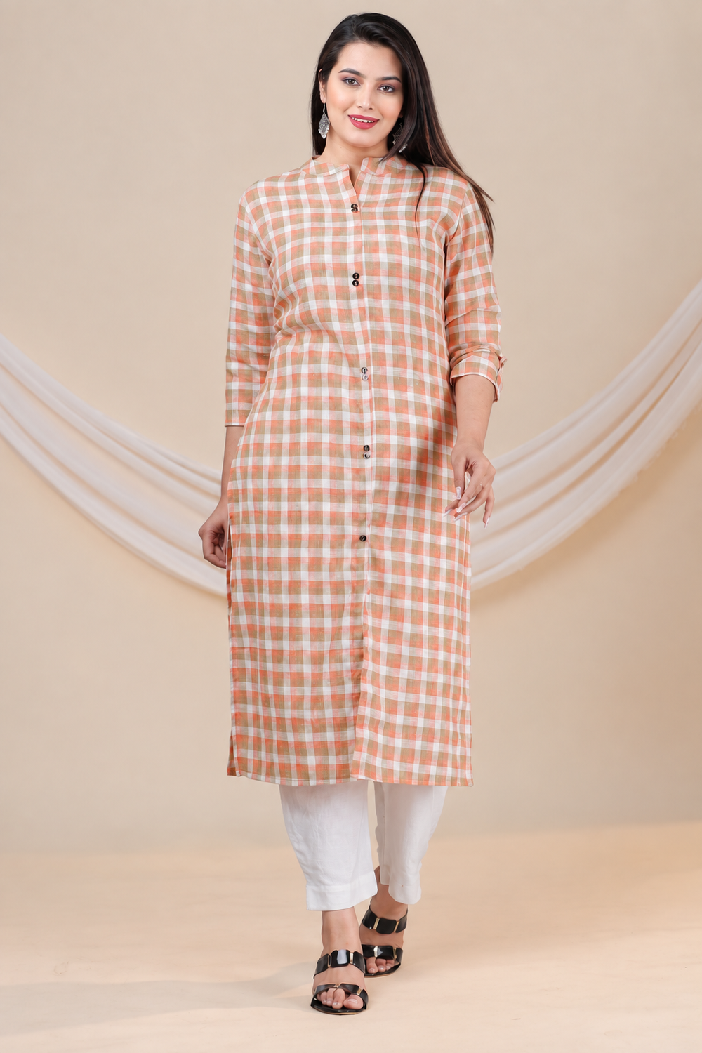 Women's Multicolor Checked Front Slit Straight Kurta