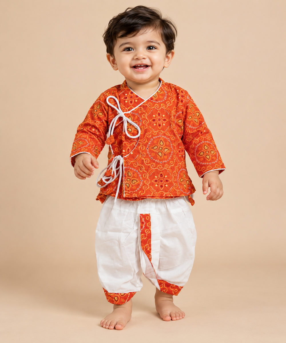 Bandhani Print Angarakha kurta and Dhoti Set for Baby Boys
