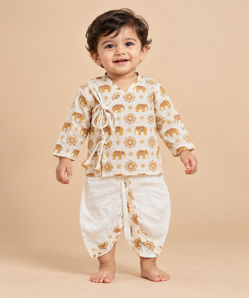 Elephant Print Angarakha kurta and Dhoti Set for Baby Boys