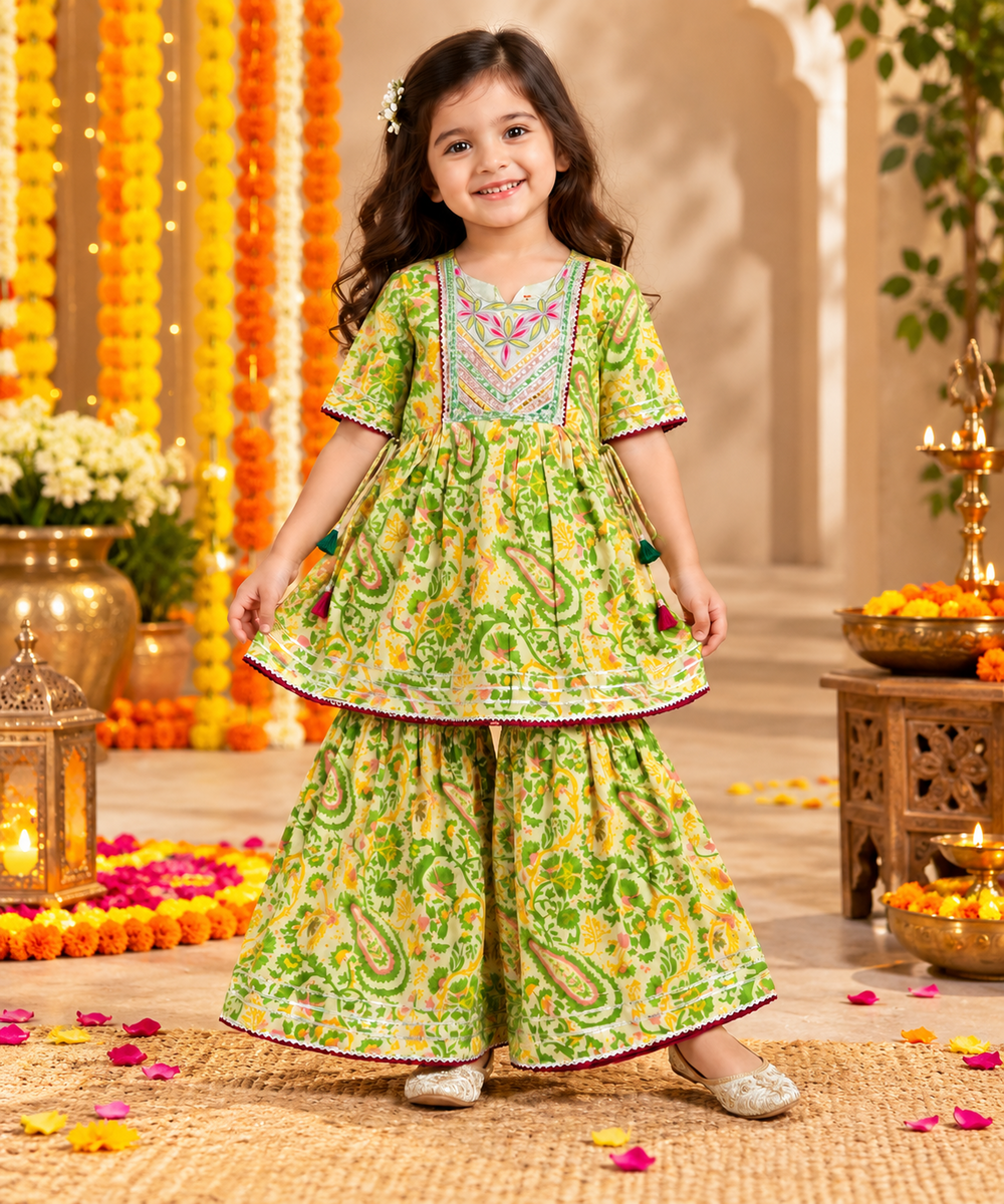 Lime Green Embroidered Kurta and Palazzo Set