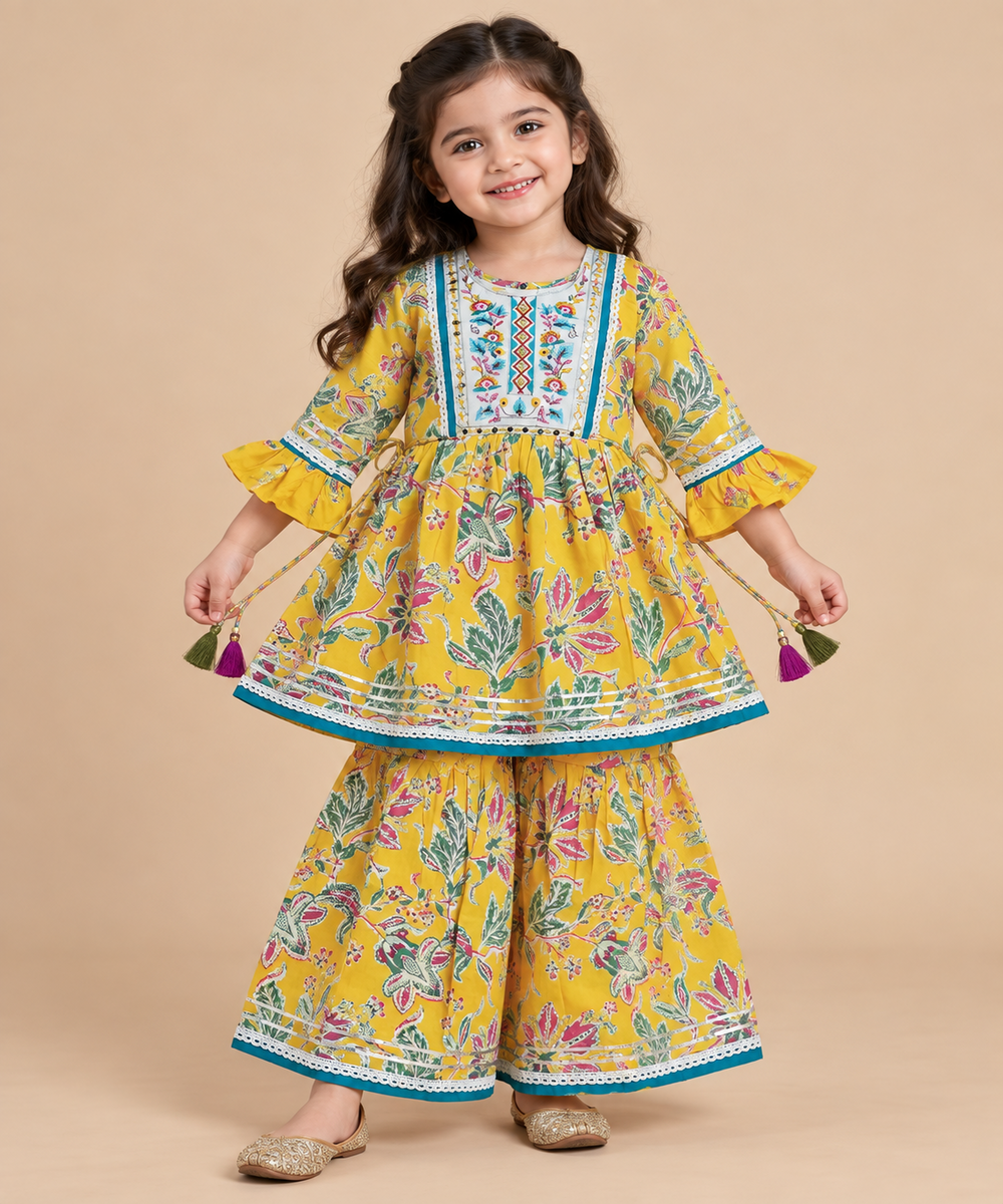 WL26KG010 Mustard Embroidered Kurta and Sharara Set - Image 1