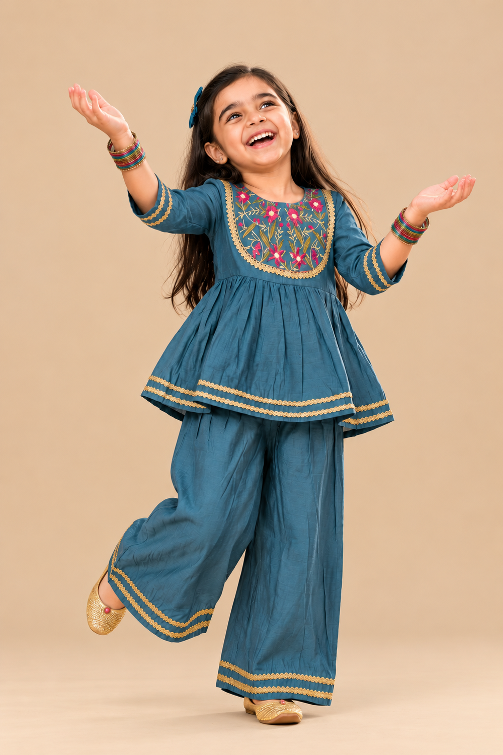 Blue Noor Pure Silk Kurta with Trousers for Girls