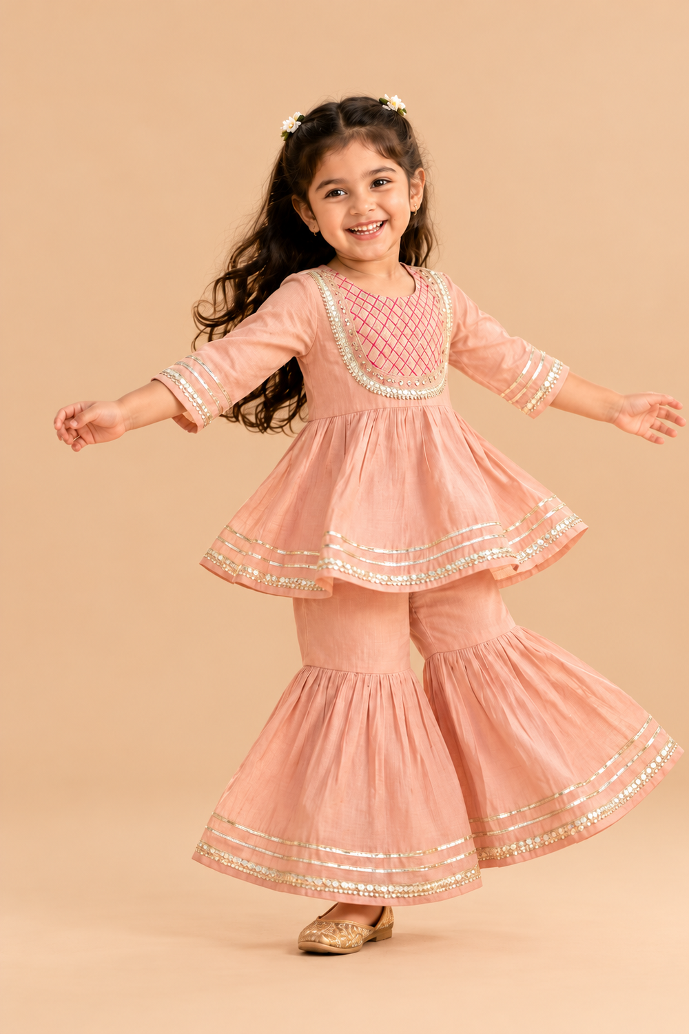 Peachy Blush Pure Silk Sharara Set for Girls