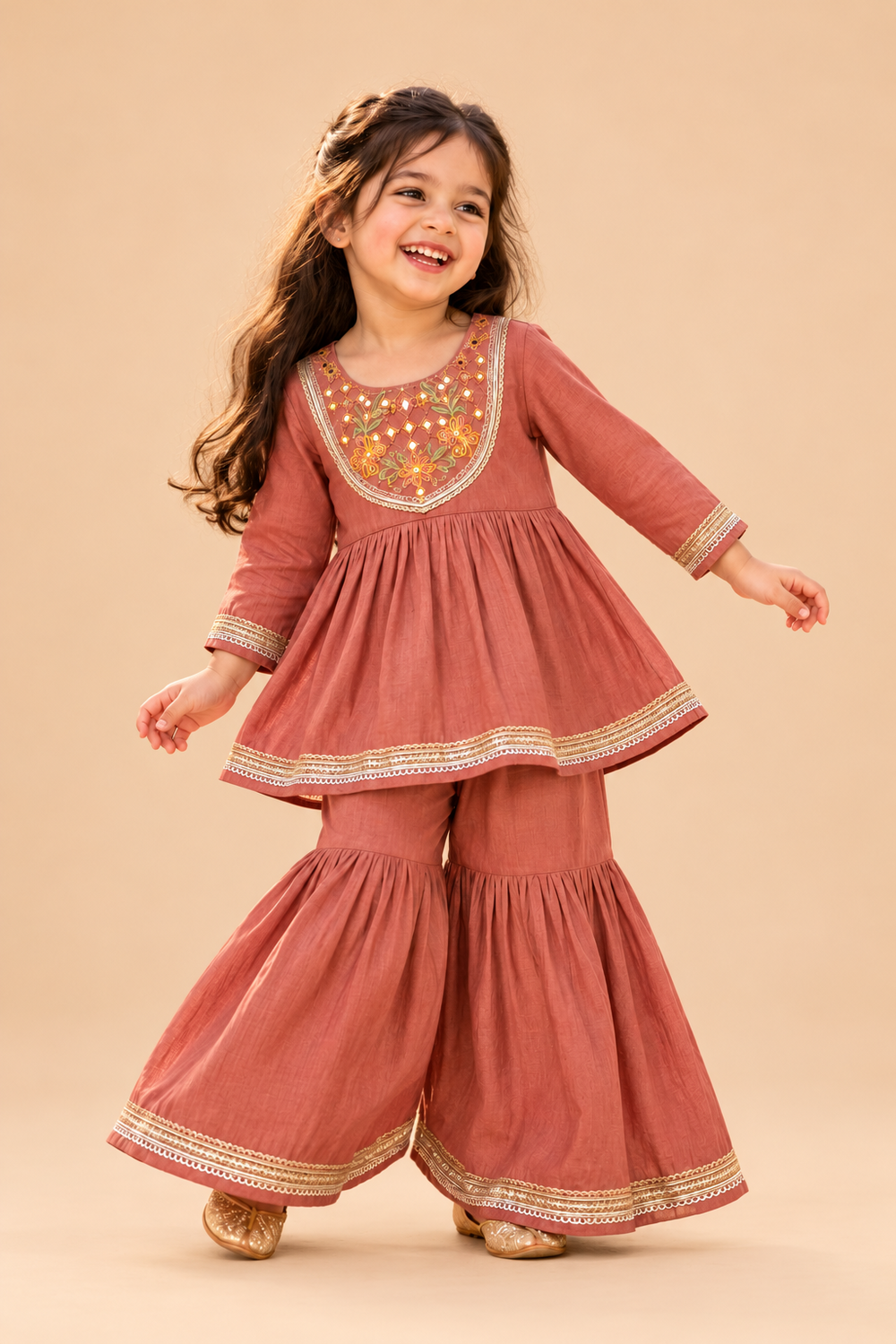 Zohra Rust Rose Embroidered Sharara Set for Girls