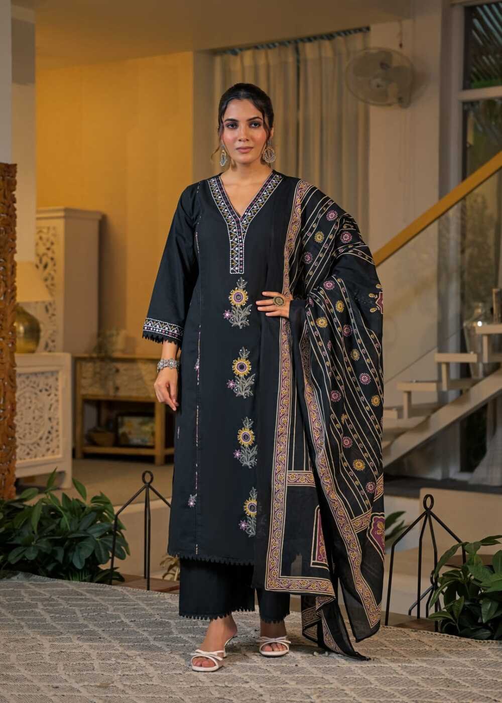 Women's Cotton Embroidered Kurta, Palazzo and Dupatta Set