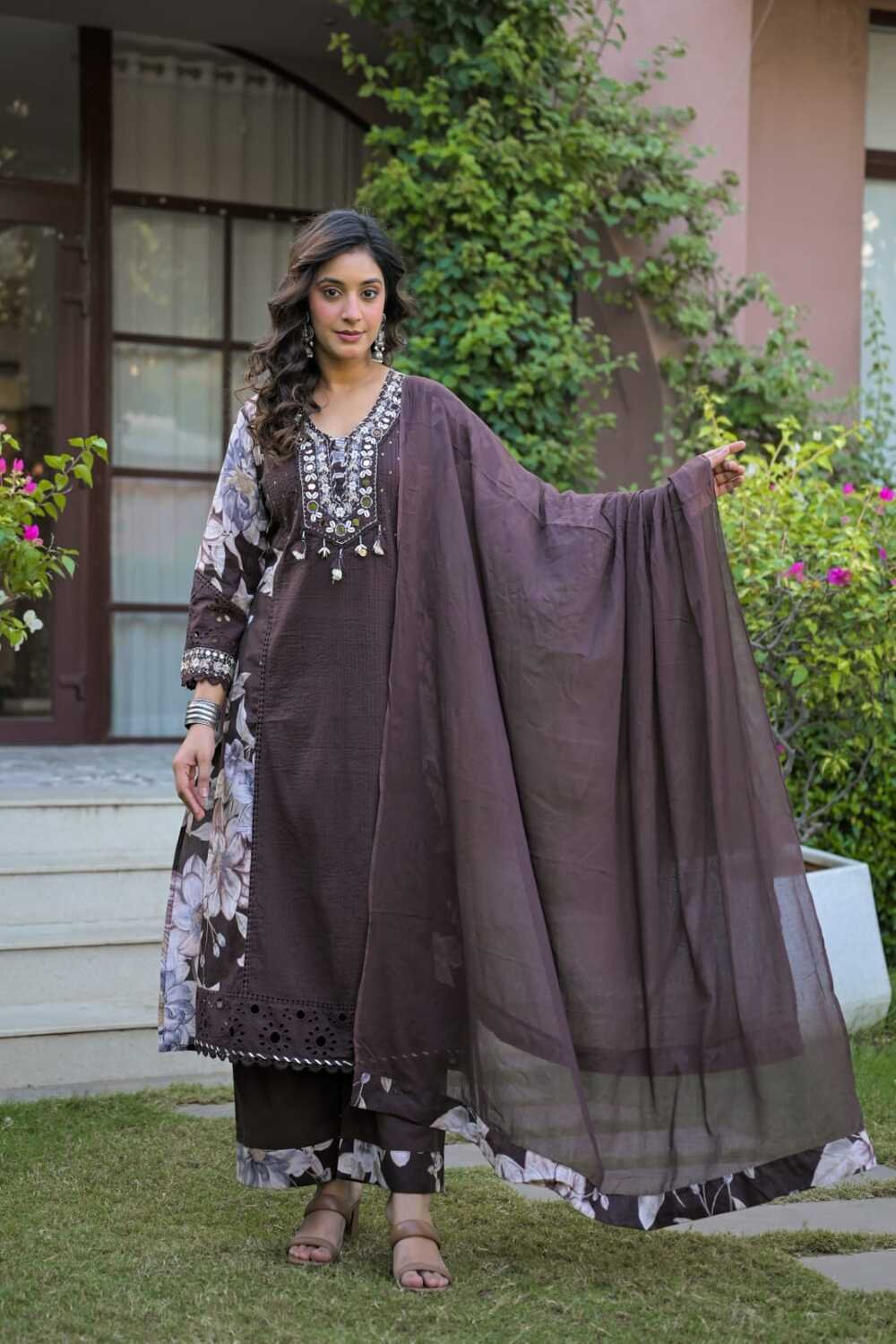 Women's Cotton Embroidered Kurta, Palazzo and Dupatta Set