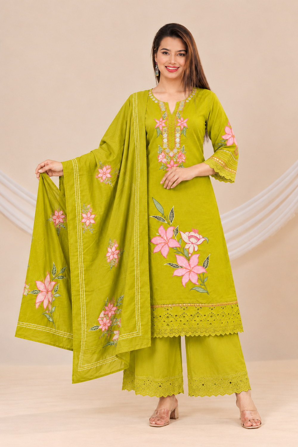 Women's Cotton Embroidered Kurta, Palazzo and Dupatta Set