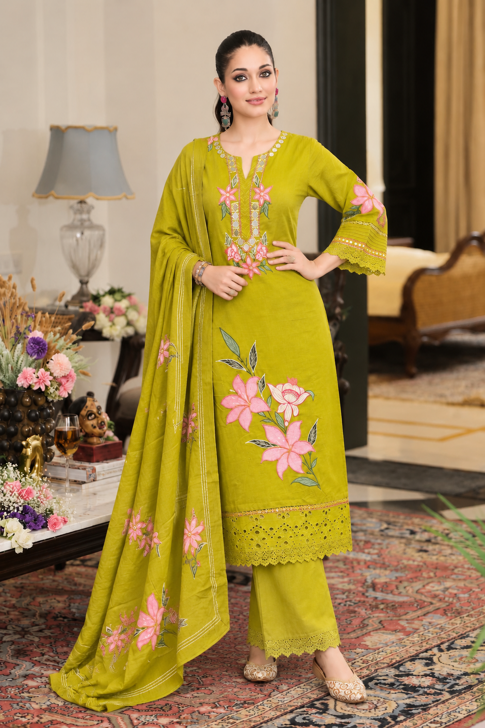 Women's Cotton Embroidered Kurta, Palazzo and Dupatta Set