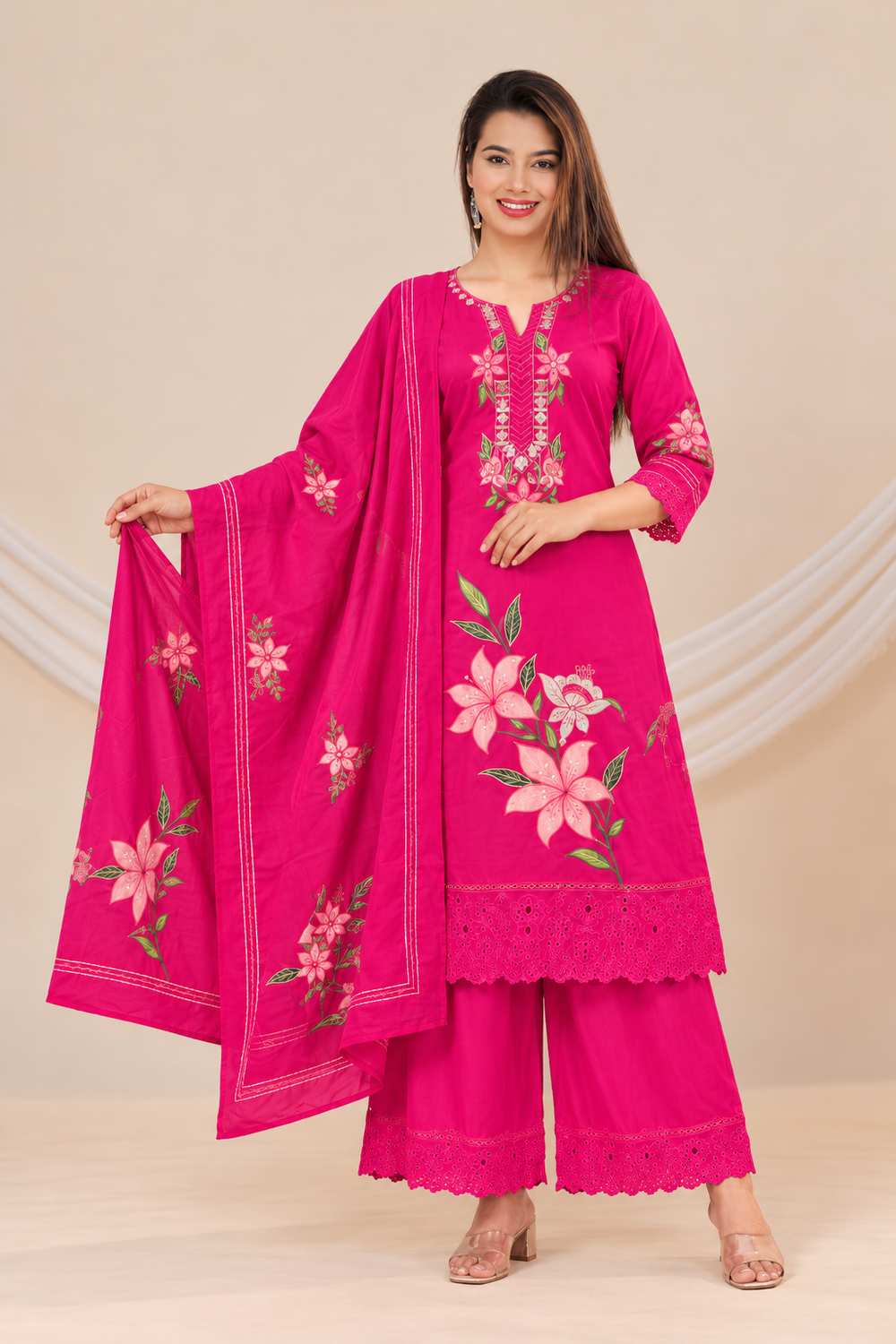 Women's Cotton Embroidered Kurta, Palazzo and Dupatta Set