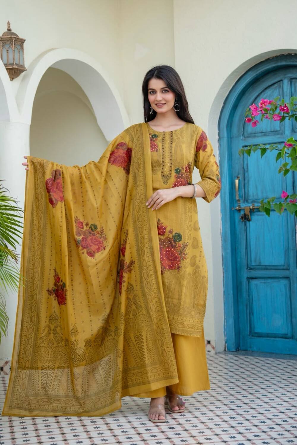 Women's Cotton Embroidered Kurta, Palazzo and Dupatta Set